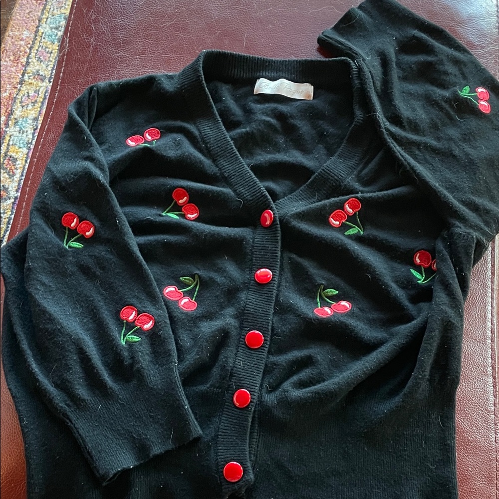 BELLE POGUE Cherry Embroidered Black 3/4 sleeve Cardigan, M